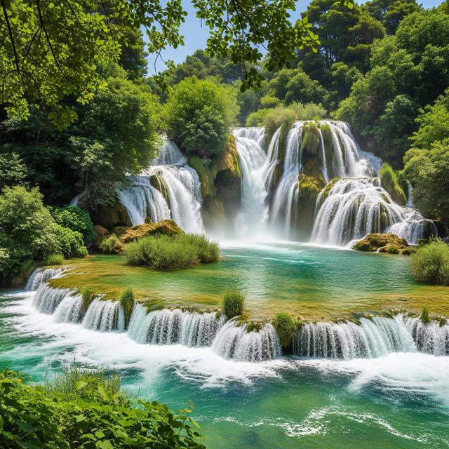 The stunning Skradinski Buk waterfall in Krka National Park, Croatia, with cascades of water flowing into turquoise pools surrounded by lush greenery.