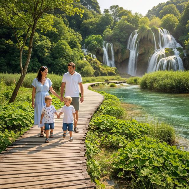 Family walking on a wooden path towards Skradinski Buk waterfall in Krka National Park