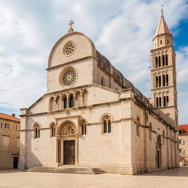 The magnificent Cathedral of St. James in Šibenik, a UNESCO World Heritage site, showcasing its intricate stone architecture and bell tower.