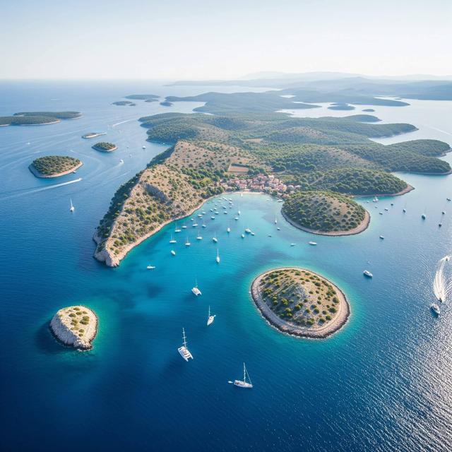 Stunning aerial view of the Kornati National Park archipelago, showing numerous islands and sailboats in the clear blue Adriatic Sea.