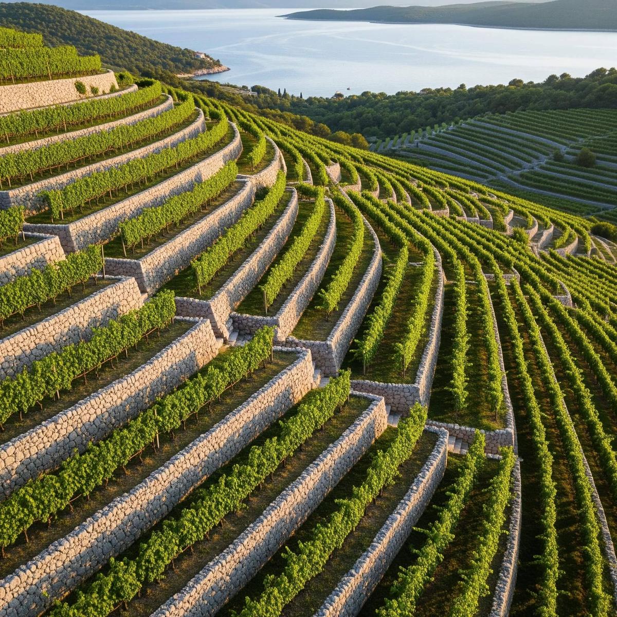 The unique stone-walled terraces of the Primošten vineyards, where the Babić grape is grown on the hills overlooking the Dalmatian coast.