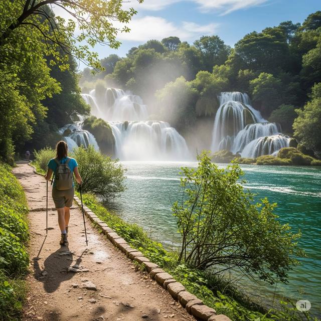 A person walking on a trail in Krka National Park with the majestic Skradinski Buk waterfall in the background, surrounded by lush green vegetation. The image showcases the natural beauty of Croatia.